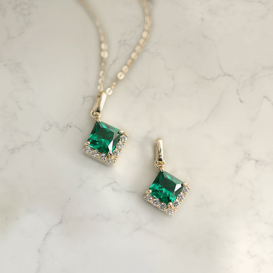 Square Green Gemstone Pendant Necklace, 925 Sterling Silver 14K Gold Plated Jewelry, Korean Simple Dainty Style