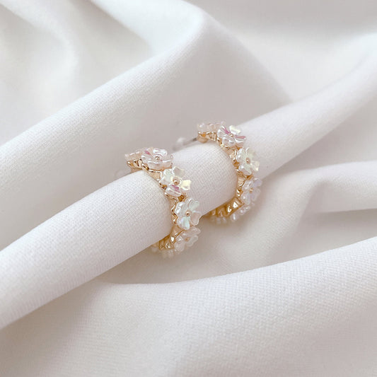 Flower Shell Hoop Stud Earrings, Gold Plated Jewelry, Korean Summer Elegant Style