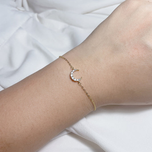 Crescent Moon CZ Bracelet, 925 Silver Gold Plated Jewelry, Cable Chain, Korean Simple Dainty Minimalist Daily Style