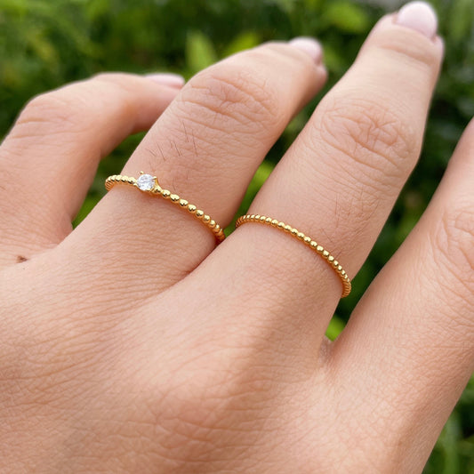 Minimalist Dainty Round Beads Ring, Tiny Crystal Stackable Band, 925 Silver 18K Gold Plated, Affordable Sustainable Korean Jewelry