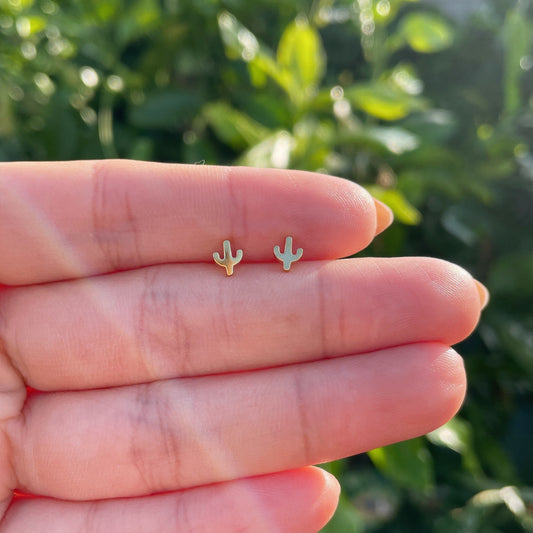 Cactus Gold Stud Earrings, Minimalist Dainty Stud, Solid 925 Silver 18K Gold Plated Earrings, Affordable Sustainable Korean Jewelry