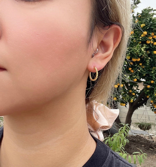 Gold Beads Huggie Earrings, Minimalist Dainty Hoops, Solid 925 Silver 18K Gold Plated Earrings, Affordable Sustainable Korean Jewelry