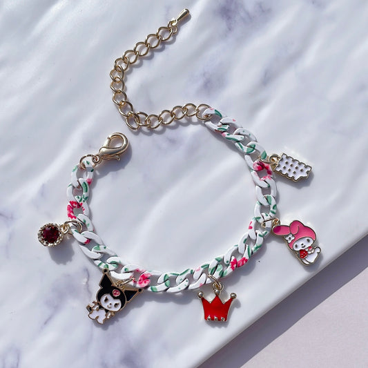 Mischievous Friends Floral Chain Bracelet | Adjustable Charm Band | Friendship Series | Dangling Charm Decoration | Cute Enamel Pendant
