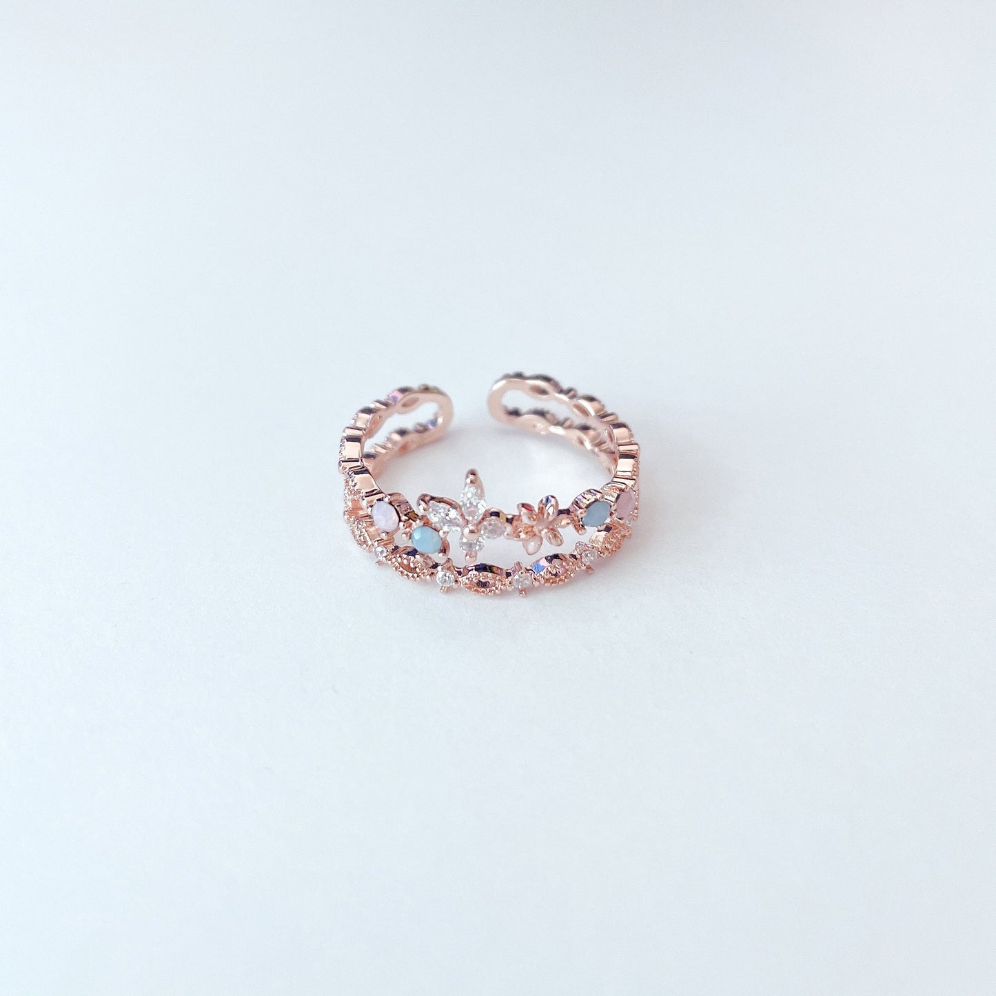 Flower Layered Stackable Ring, Fairy Series, Rose Gold Plated Jewelry, Korean Floral Dainty Style