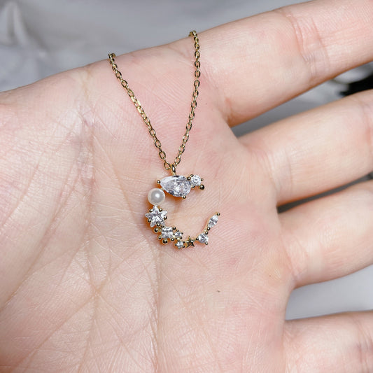 Collar con colgante de perlas y circonitas de luna creciente, joyería chapada en oro de plata 925 de 14 quilates, estilo delicado simple coreano