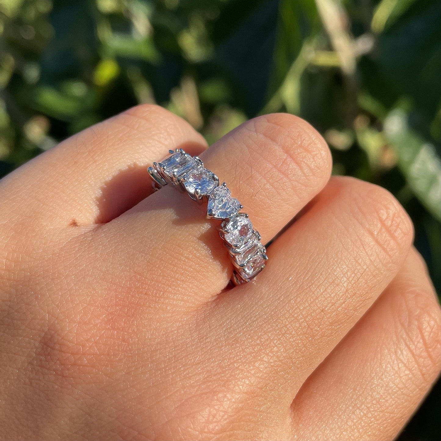 Trio Diamond Unique Eternity Band, Rectangle Round Heart Crystal Engagement Wedding Band, Affordable Sustainable Korean Jewelry