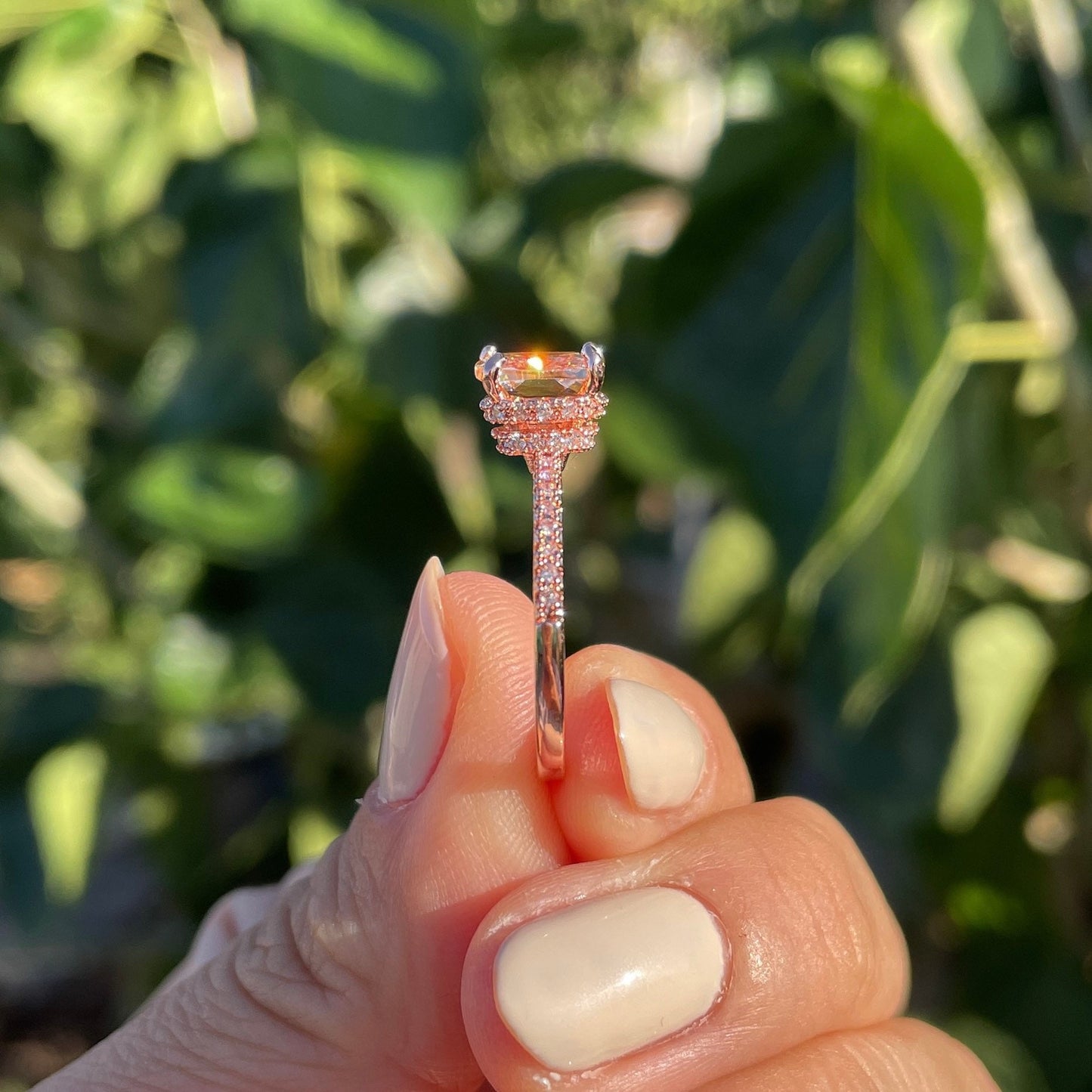 Anillo de boda de cesta de doble pavé de diamantes de cojín, anillo de solitario de compromiso de cristal de champán, joyería coreana sostenible asequible