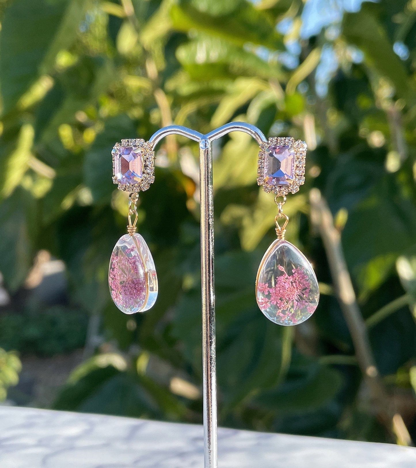 Purple Sensation Drop Earrings, Minimalistic Floral Series, Gold Plated Jewelry, Korean Delicate Style