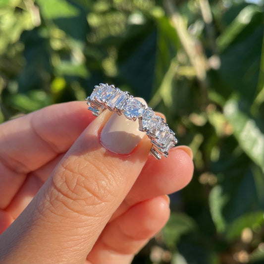 Banda de eternidad única de diamantes trío, banda de boda de compromiso de cristal de corazón redondo rectangular, joyería coreana sostenible asequible