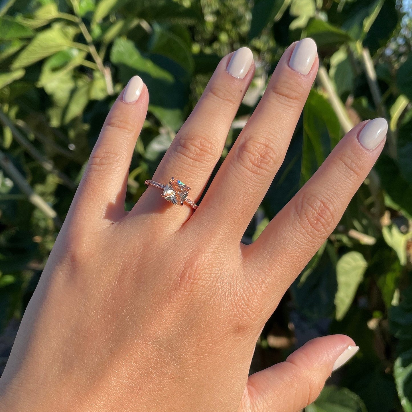 Anillo de boda de cesta de doble pavé de diamantes de cojín, anillo de solitario de compromiso de cristal de champán, joyería coreana sostenible asequible