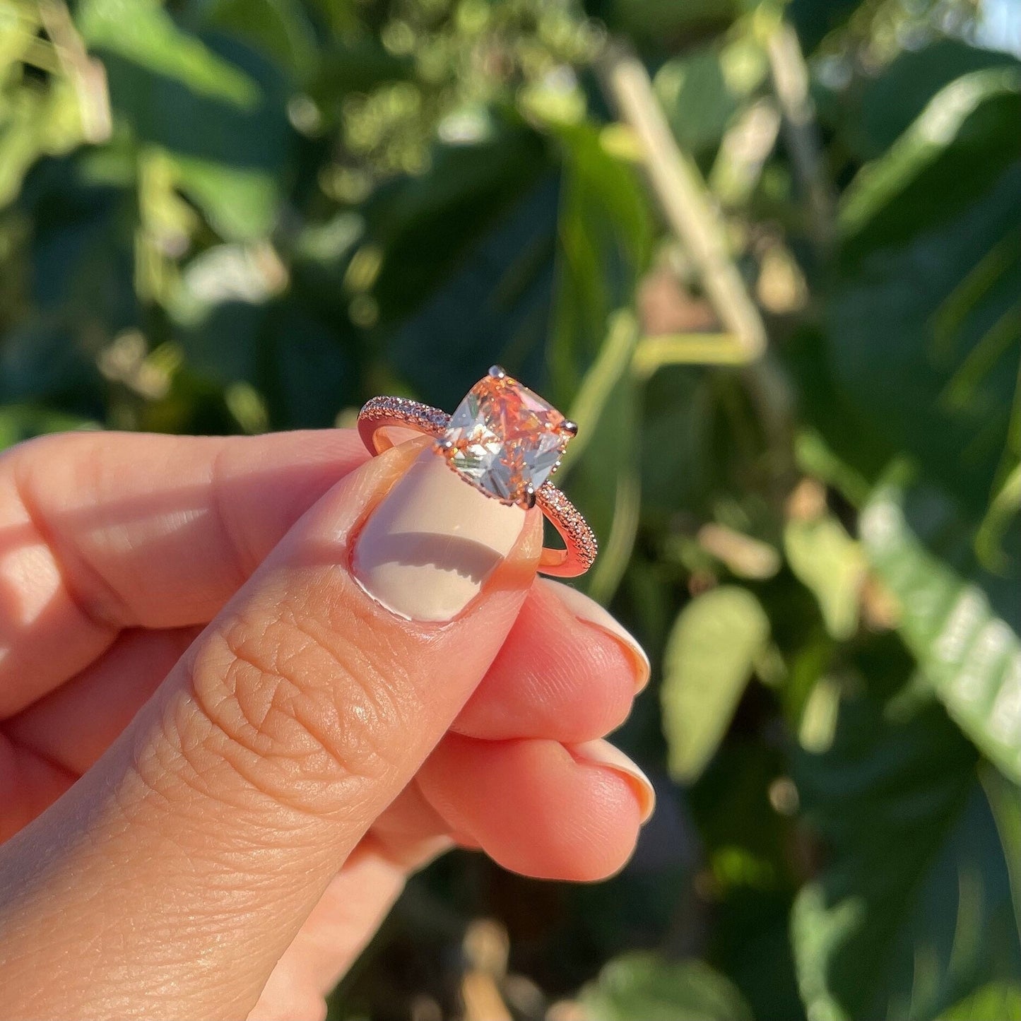 Anillo de boda de cesta de doble pavé de diamantes de cojín, anillo de solitario de compromiso de cristal de champán, joyería coreana sostenible asequible