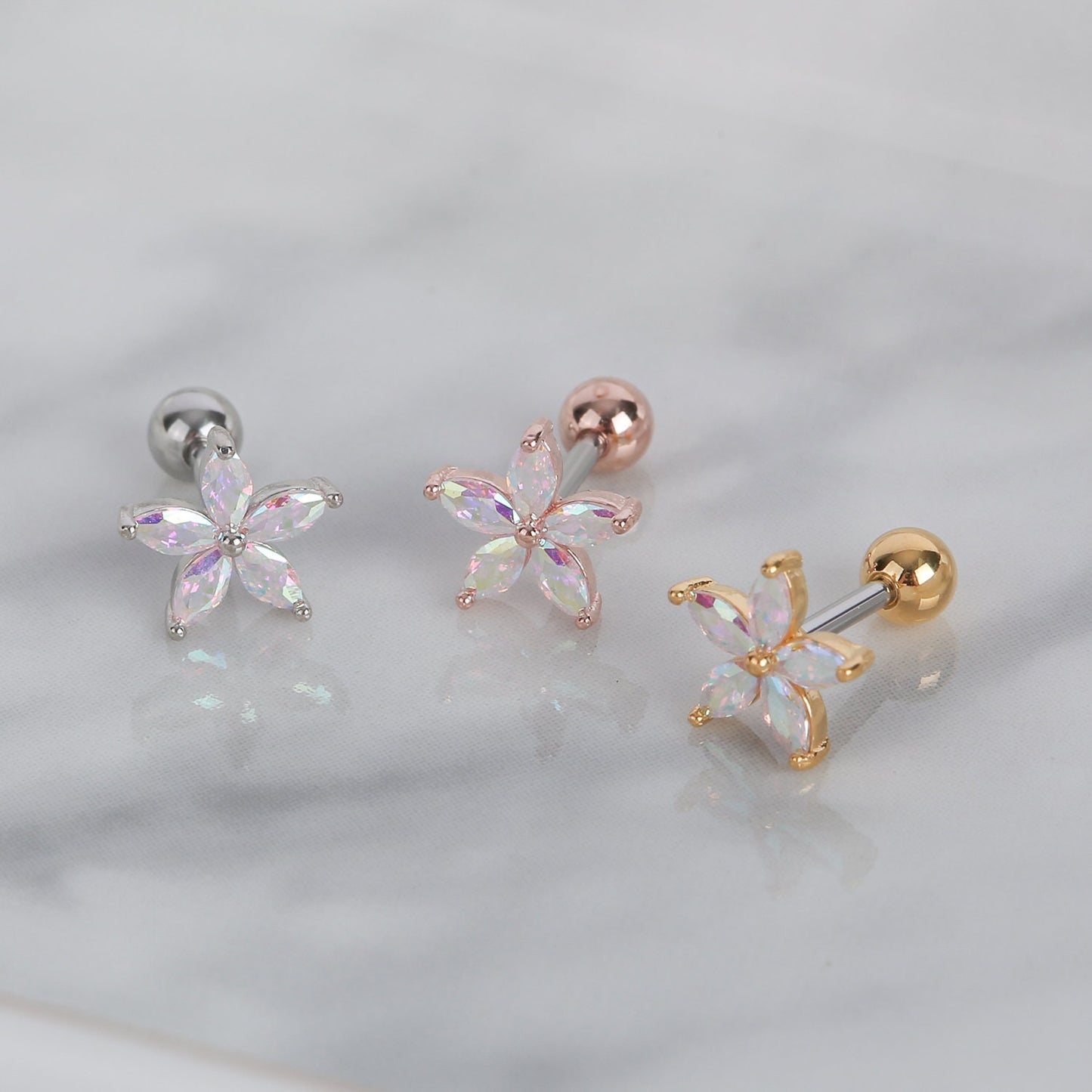 KURA Piercing Type Earrings | Surgical Steel Piercing | Helix Barbell Stud | Flower Cartilage Earrings | Elegant Lobe Pair Earring